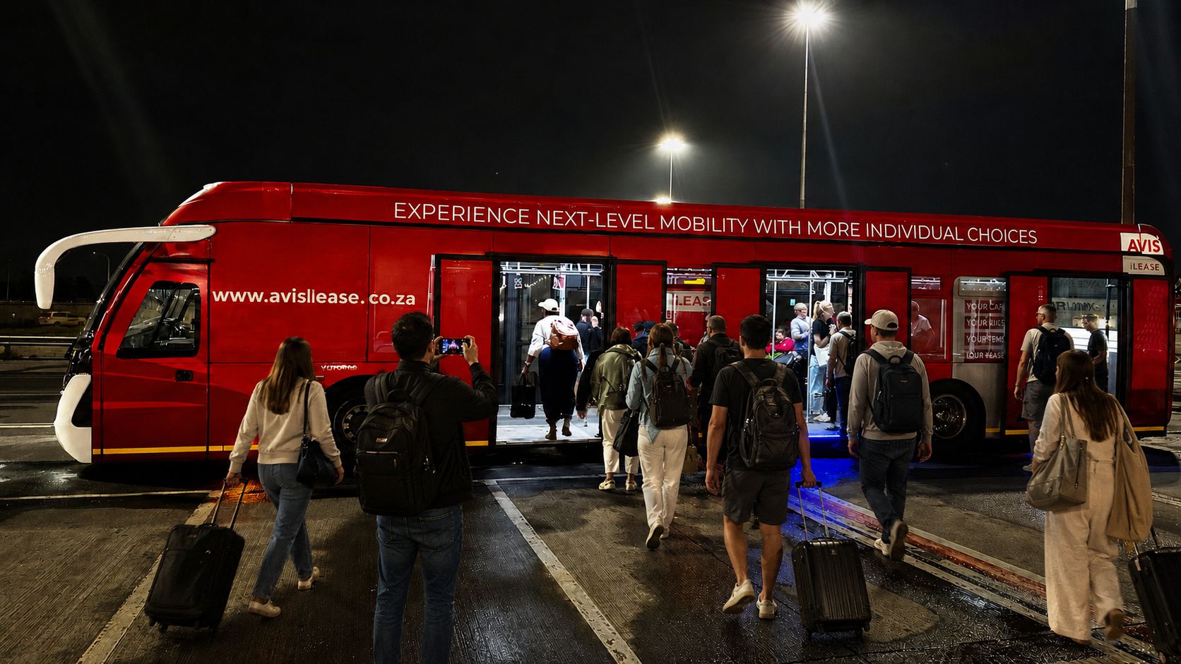 Wrapped advertising bus in an airport passenger environment