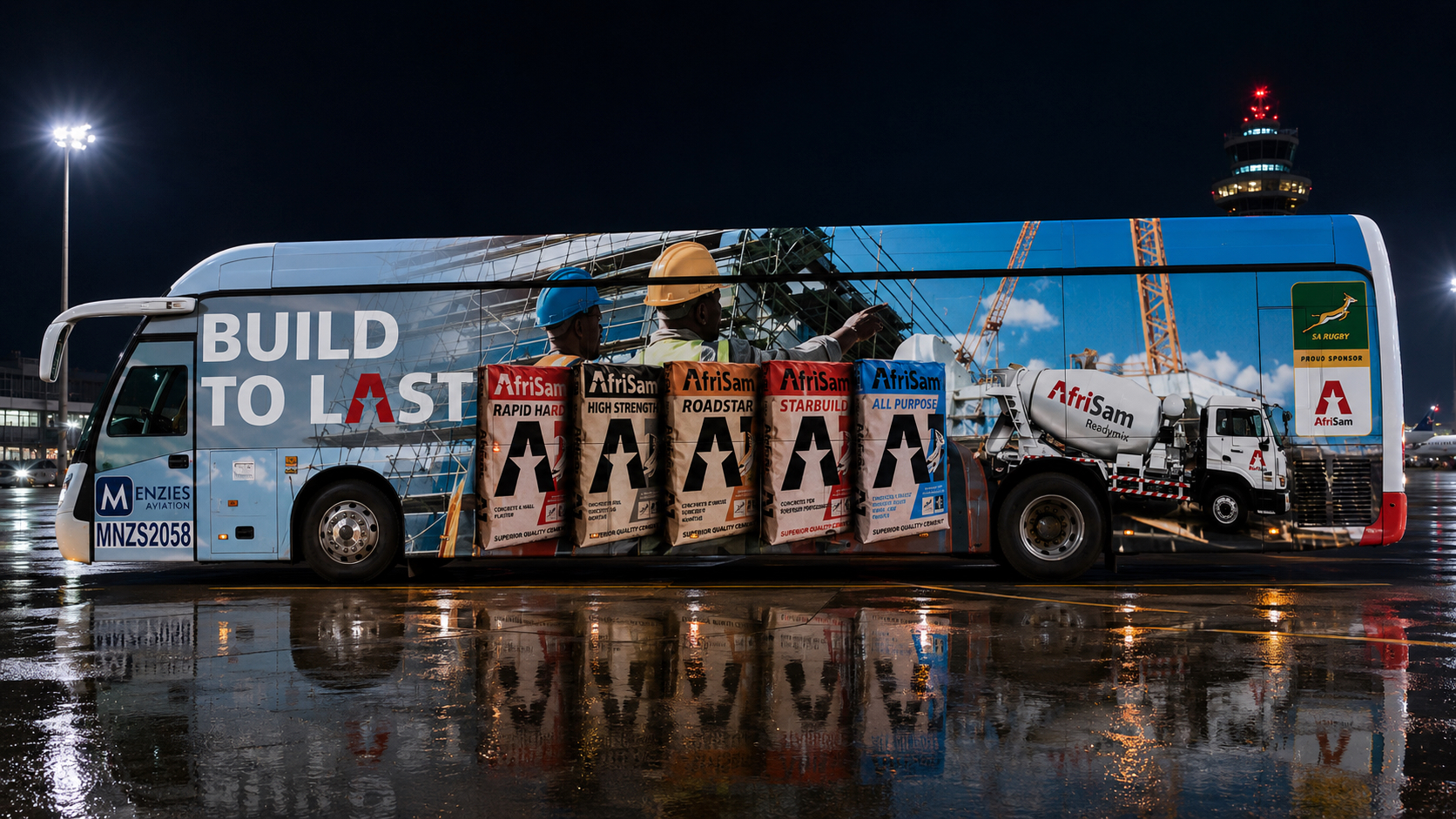 AfriSam exterior airport bus advertising at night
